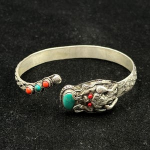 Rare Beautiful Vintage Adjustable Handmade Tibetan Silver Dragon Bangle With Coral & Turquoise Stone