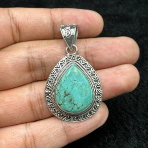 Vintage Tibetan Sterling Silver Pendant With Natural Turquoise Stone