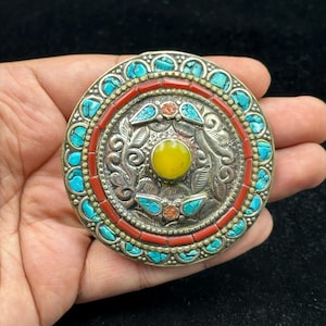 Rare VINTAGE Tibetan Handmade Belt Buckle With Turquoise Coral & Copal Stone