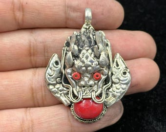 Vintage Tibetan Silver Plated Handmade Dragon Pendant With Coral Stone