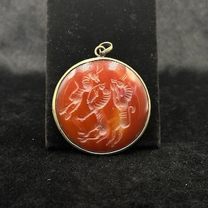 Antique Near Eastern Silver Pendant With Intaglio Carnelian Stone Animal Hunting