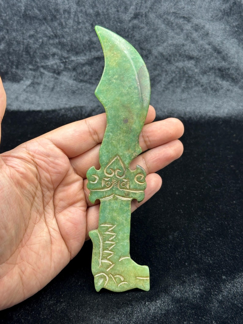 Unique Vintage Old Central Asia Jade Stone Carving Knife Horse Head