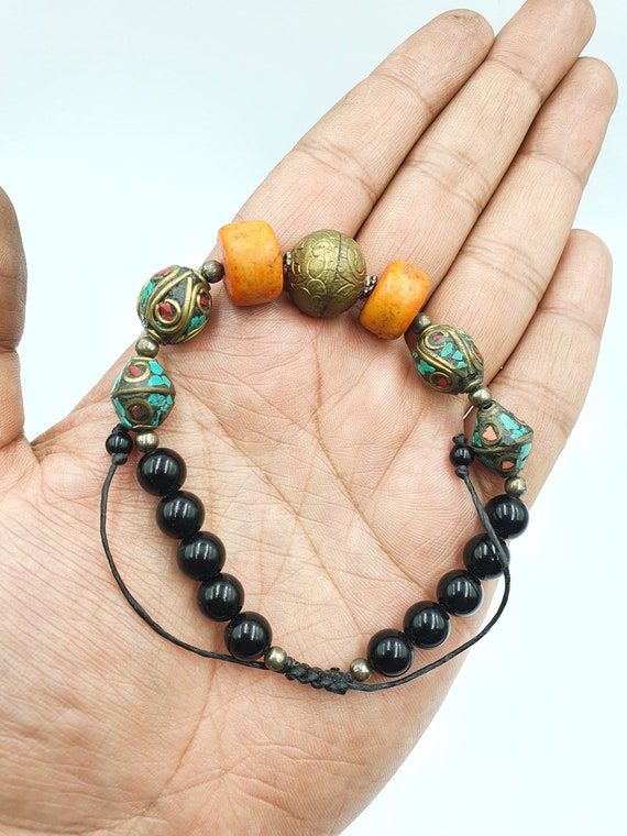Vintage Adjustable Tibetan Brass Coral Black Onyx 