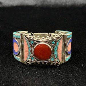 Vintage Beautiful Tibetan Handmade Nepalese Cuff Bangle With Turquoise Lapis And Coral Stone