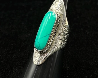 Unique Design Afghani Silver Plated Handmade Long Ring With Turquoise Stone
