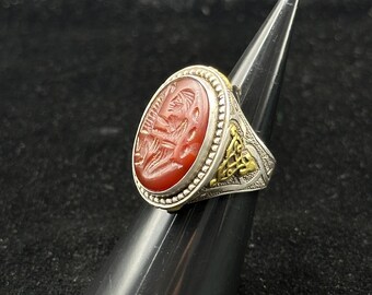 Amazing Roman Empire Ancient Sterling Silver Ring With Intaglio King Carnelian Stone