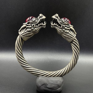 Vintage Adjustable Beautiful Tibetan Silver Dragon Bangle With Nagaland Red Stone