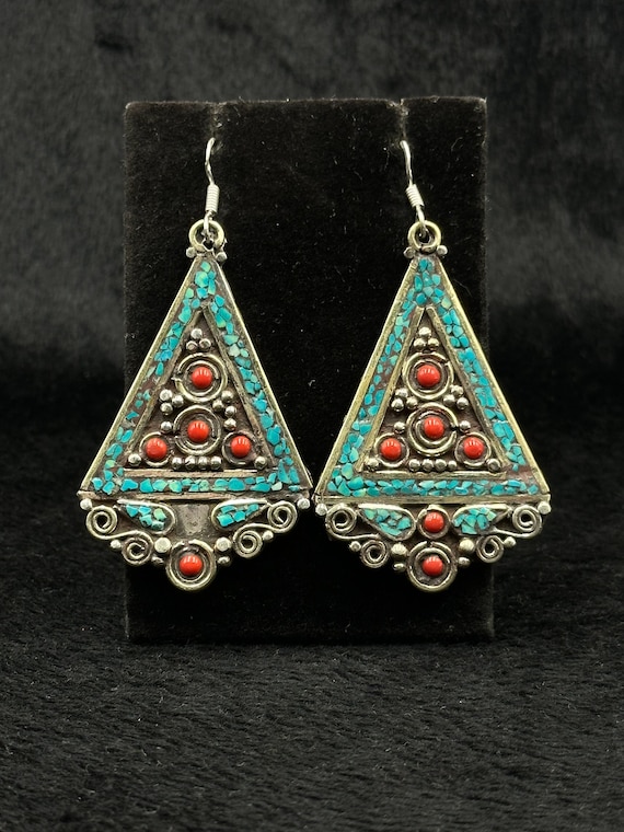 Buy Vintage Tibetan Turquoise Coral Earrings, Nepalese Silver 