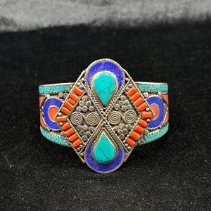 Beautiful Tibetan Silver Nepalese Cuff Bangle With Turquoise Coral And Lapis Lazuli Stone