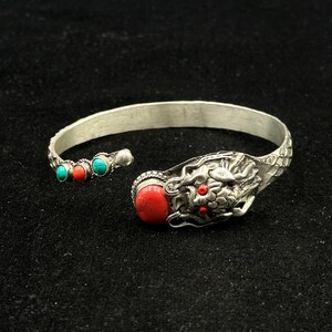 Rare Beautiful Vintage Adjustable Handmade Tibetan Silver Dragon Bangle With Coral & Turquoise Stone