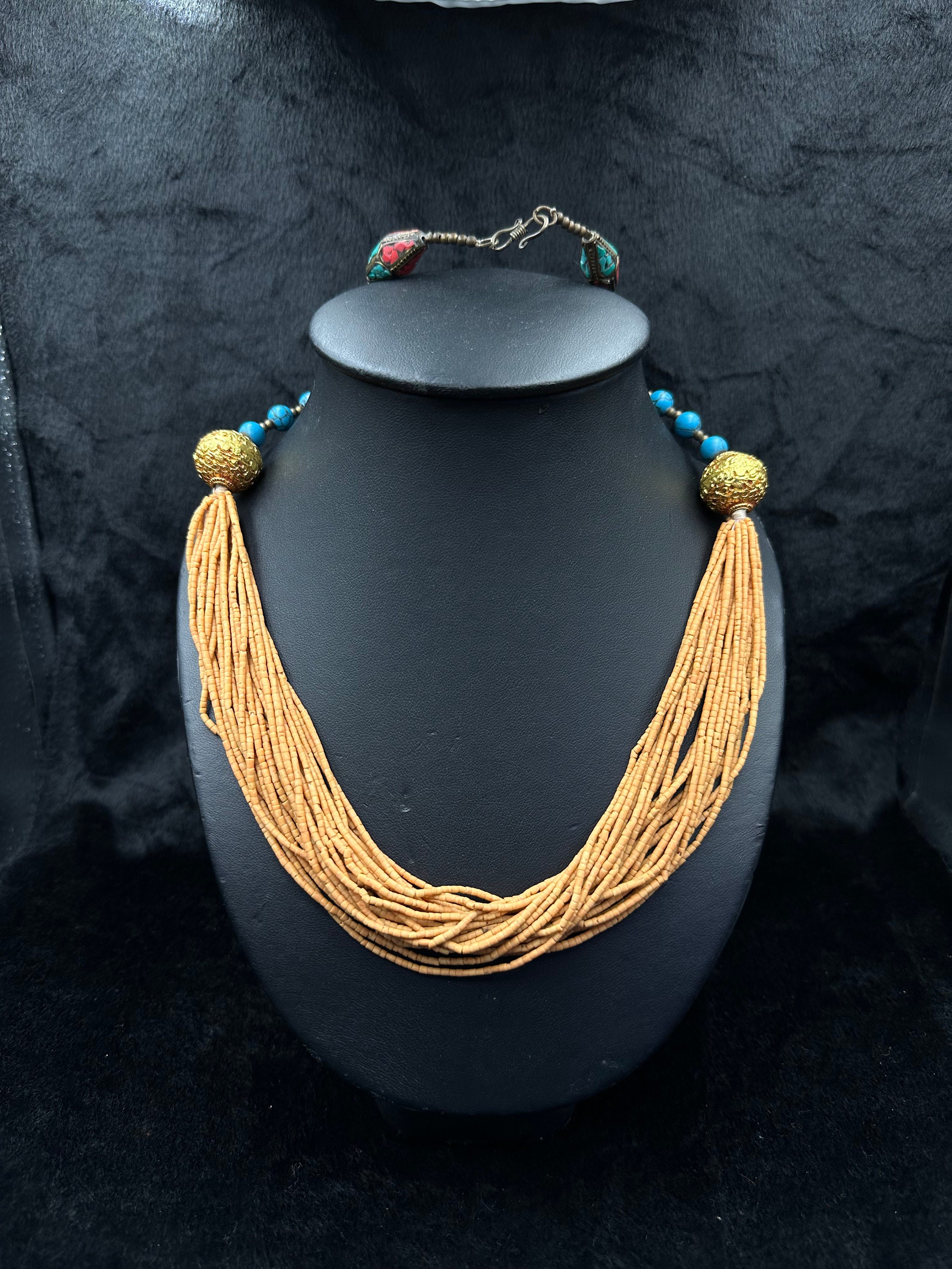 Collier Vintage Années 1920 – Perles, Turquoise Et Incrustations Argentées