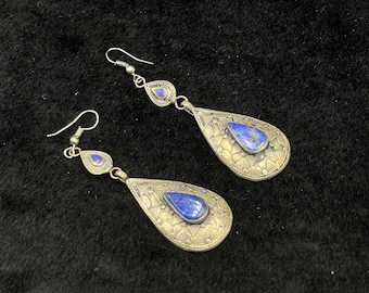 Unique Vintage Handmade Afghan Silver Plated Earrings With Lapis Lazuli Stone