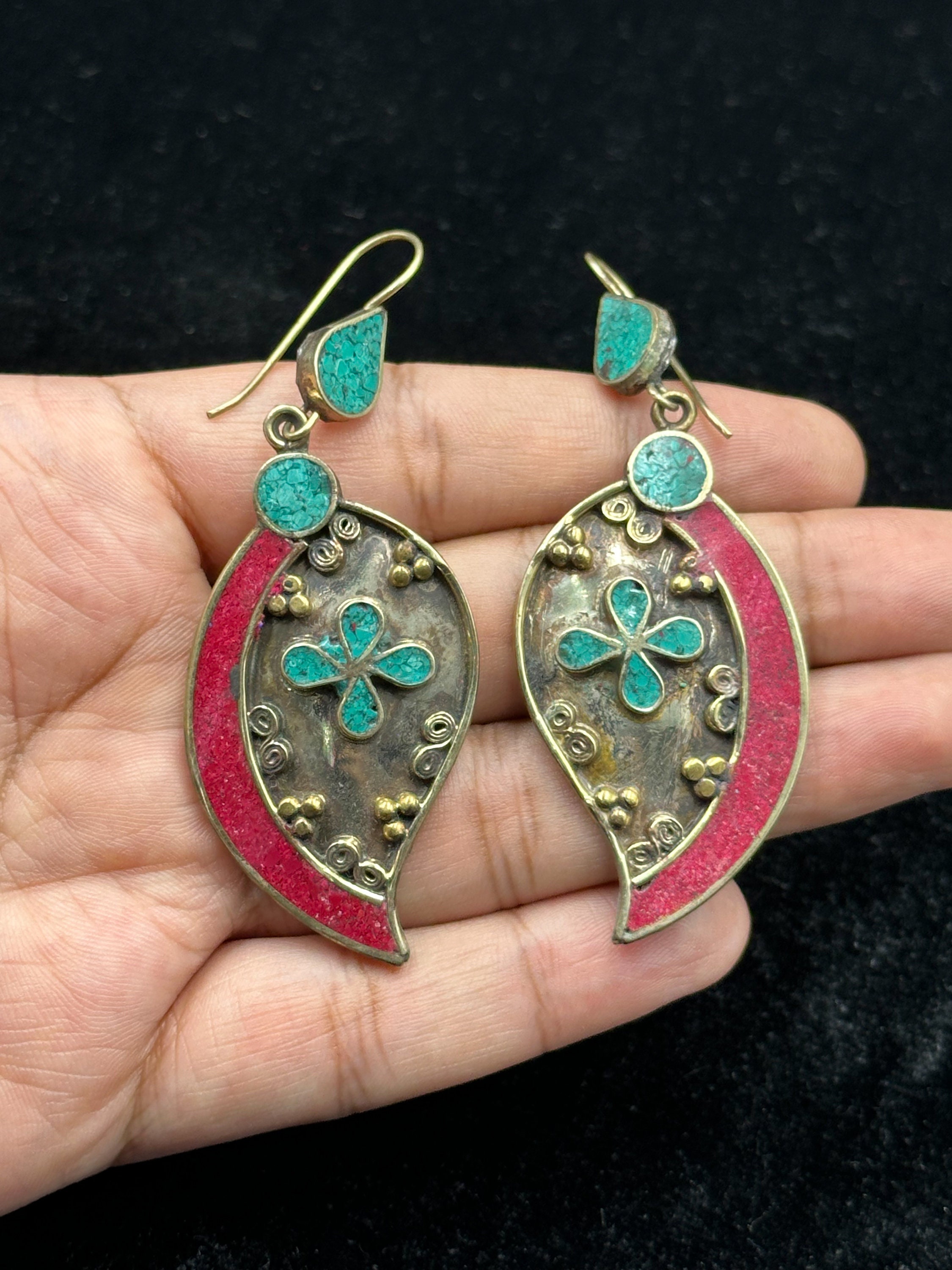Vintage Tibetan Turquoise Coral Earrings, Sterling Silver Hooks - Etsy