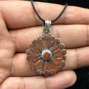 Vintage Tibetan Sterling Silver Handmade Pendant With Natural Coral Stone