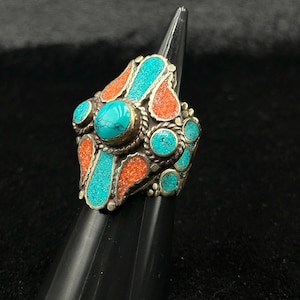 Adjustable Tibetan Nepalese Beautiful Ring With Turquoise And Coral Stone