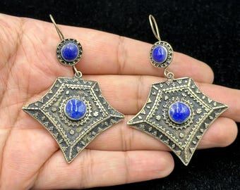 Unique Design Vintage Handmade Afghan Silver Earrings With Lapis Lazuli Stone