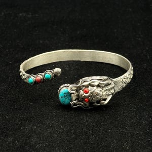 Rare Beautiful Vintage Adjustable Handmade Tibetan Silver Dragon Bangle With Coral & Turquoise Stone