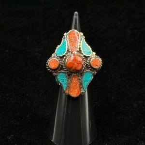 Adjustable Tibetan Nepalese Beautiful Ring With Turquoise And Coral Stone