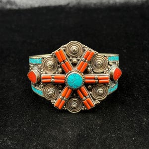 Handmade Vintage Nepalese Tibetan Silver Plated Bangle With Turquoise Lapis And Coral Stone