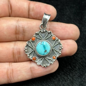 Vintage Tibetan Sterling Silver Pendant With Natural Turquoise And Coral Stone