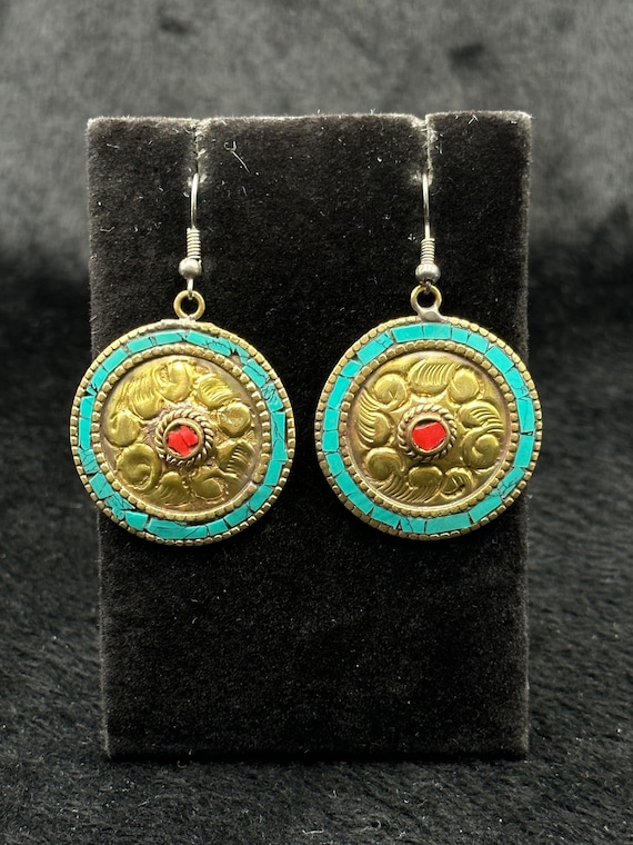 Boucles D'oreilles Pendantes Style Tibétain - Turquoise Reconstituée Bleue - Dormeuses