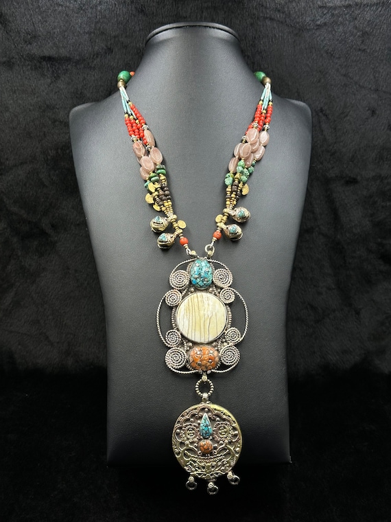 Unique Tibetan Vintage Necklace With Natural Turq… - image 1