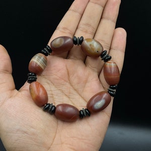 Ancient Himalayan Tibetan Natural Banded Carnelian Beaded Stretchable Cord Bracelet