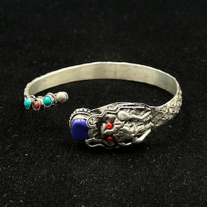 Rare Beautiful Vintage Adjustable Handmade Tibetan Silver Dragon Bangle With Coral & Lapis Lazuli Stone