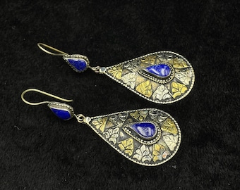 Unique Vintage Handmade Afghan Silver Plated Earrings With Lapis Lazuli Stone