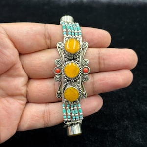 Vintage Tibetan Nepalese Handmade Ethnic Bracelet With Turquoise Copal And Coral Stone