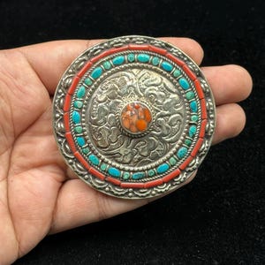 Rare VINTAGE Tibetan Handmade Belt Buckle With Turquoise And Coral Stone