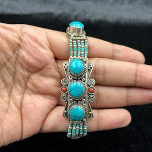 Vintage Tibetan Nepalese Handmade Ethnic Bracelet With Turquoise And Coral Stone