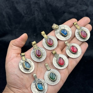 Lot!! 16 Pieces Afghan Kuchi Coin Pendant With Glass Tribal Ethnic Jewelry