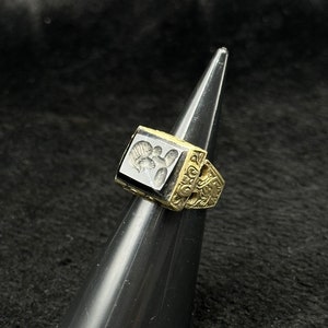 Amazing Brass Old Near Eastern Unique Ring With Intaglio Black Agate Stone