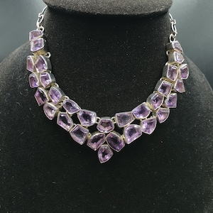 Vintage Victorian Sterling Silver 92.5 Handmade Beautiful Design Necklace With Natural Faceted Amethyst