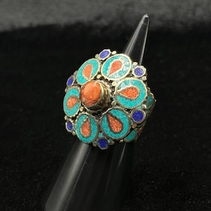 Beautiful Adjustable Tibetan Nepalese Ring With Turquoise Coral And Lapis Lazuli Stone
