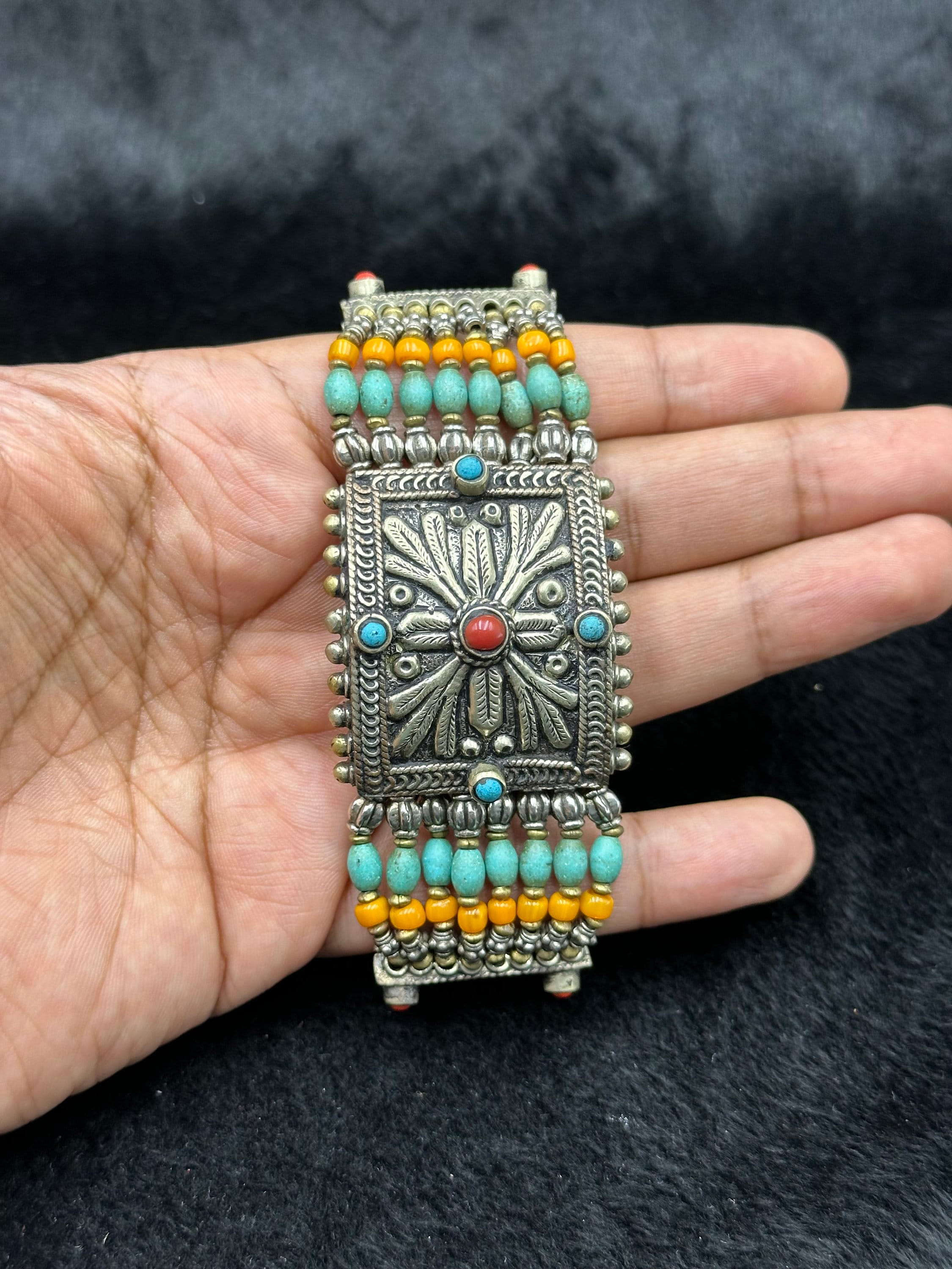 Adjustable Vintage Tibetan Nepalese Bracelet With Turquoise And Coral Stone