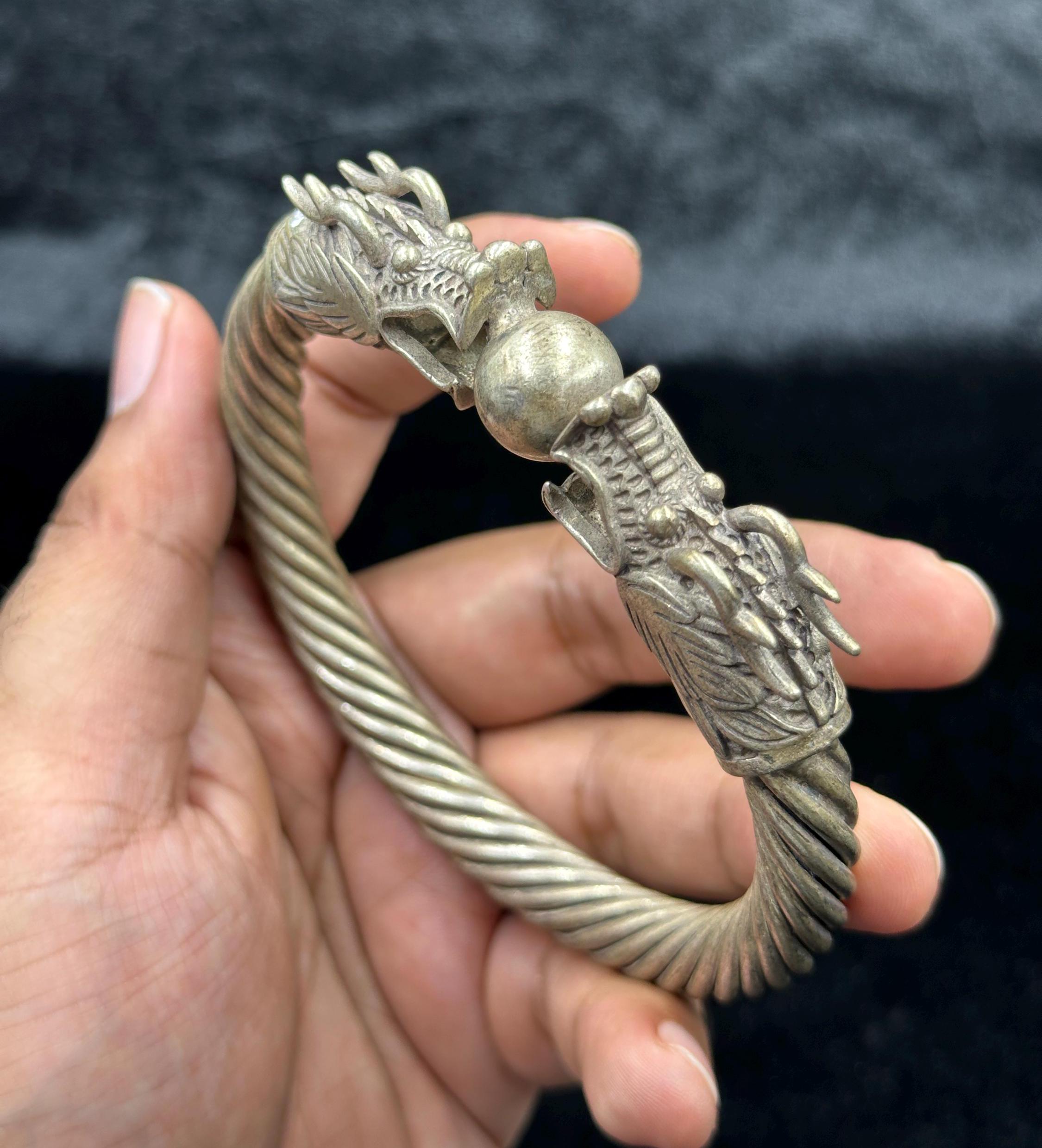 Adjustable Tibetan Silver Dragon Bangle, Handmade Vintage Design
