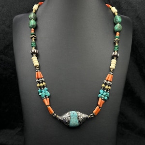 Beautiful Tibetan Silver Vintage Handmade Necklace With Coral And Turquoise Stone