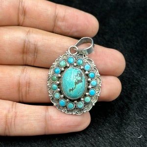 Vintage Tibetan Sterling Silver Pendant With Natural Turquoise Stone