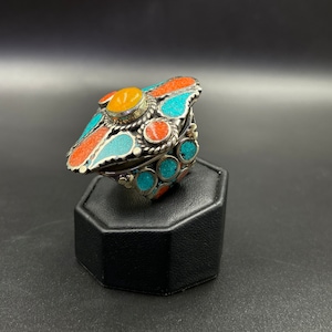 Adjustable Tibetan Nepalese Beautiful Ring With Turquoise Coral Agate And Lapis Lazuli Stone
