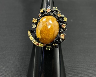 Vintage Victorian Yellow Sapphire Gemstone Oxidized 92.5 Silver Unique Beautiful Ring