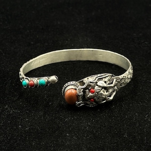 Rare Beautiful Vintage Adjustable Handmade Tibetan Silver Dragon Bangle With Coral & Turquoise Stone