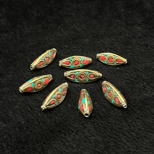 Vintage Tibetan Nepalese Brass 8 Pieces Beads With Turquoise And Coral Stone