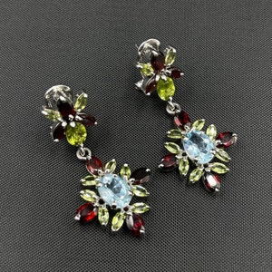 Unique Vintage Victorian Muti Gemstone Oxidized 92.5 Silver Beautiful Earrings