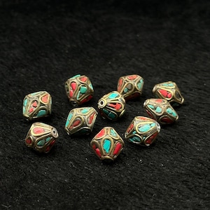 Vintage Tibetan Nepalese Brass 10 Pieces Beads With Turquoise And Coral Stone