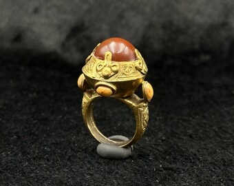 Rare Design Vintage Handmade Silver Gold Plated With Carnelian And Coral Stone