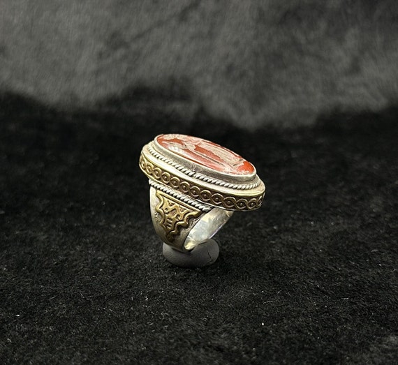 Solid Silver And Gold Plated Ancient Ring With In… - image 1