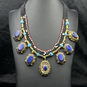 Vintage Boho Kuchi Banjara Tribal Afghan Handmade Beautiful Brass Necklace With Lapis Lazuli Stone