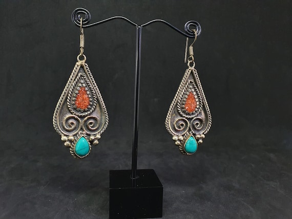 Boucles D'oreilles Vintage En Argent 925 Avec Turquoise Et Corail - Fait Main Inde - Neuf Sans Emballage